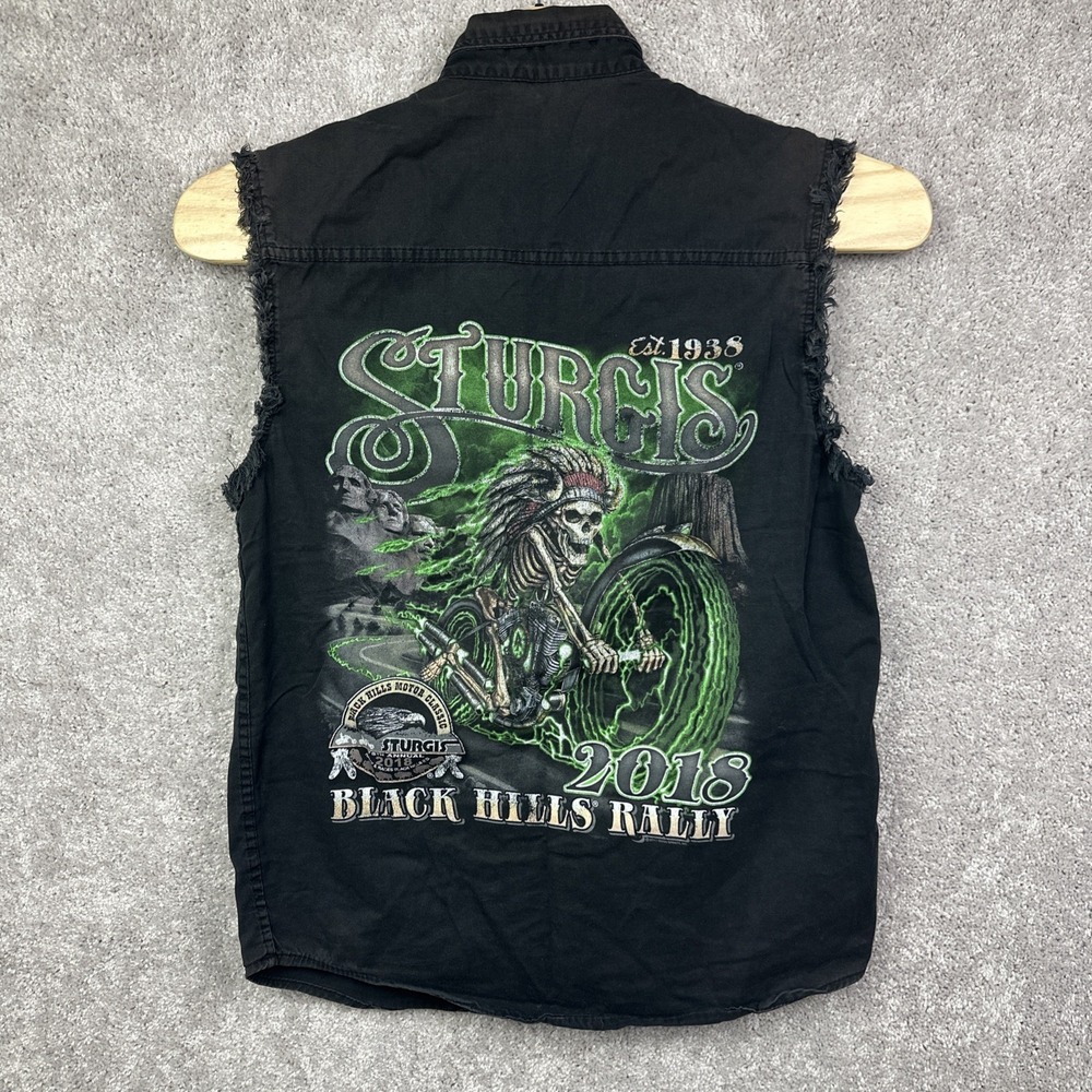 STURGIS 2018 Black Hills Rally Sleeveless Frayed‎ Denim Shirt Hot Leathers Sz L